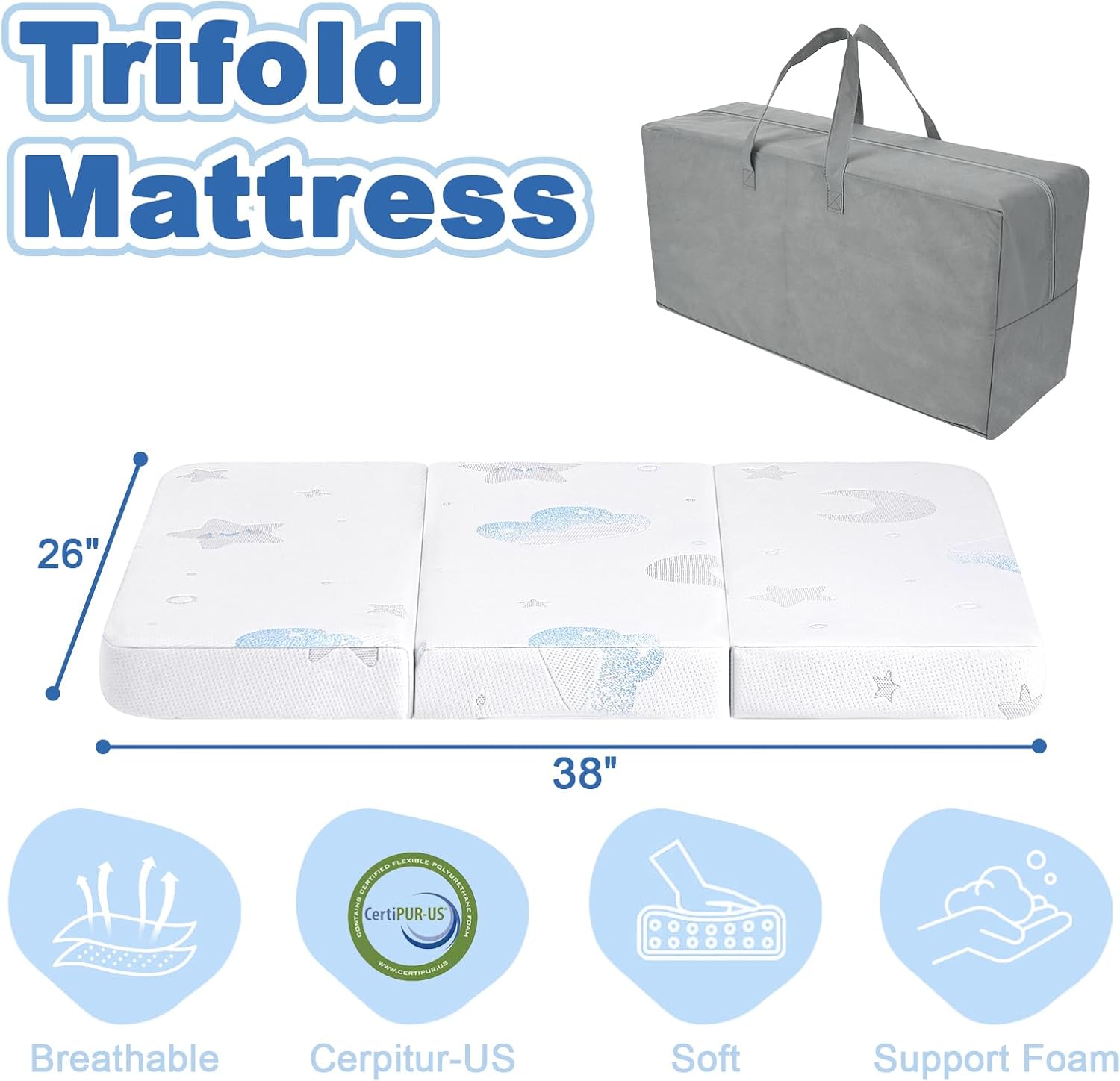 Trifold Pack and Play Mattress, 38"x26" Breathable Play Pen Mattress Pad, Dual-Sided Memory Foam & High Density Foam Baby Toddler Mattress, Removable Jacquard Cover & Travel Bag
