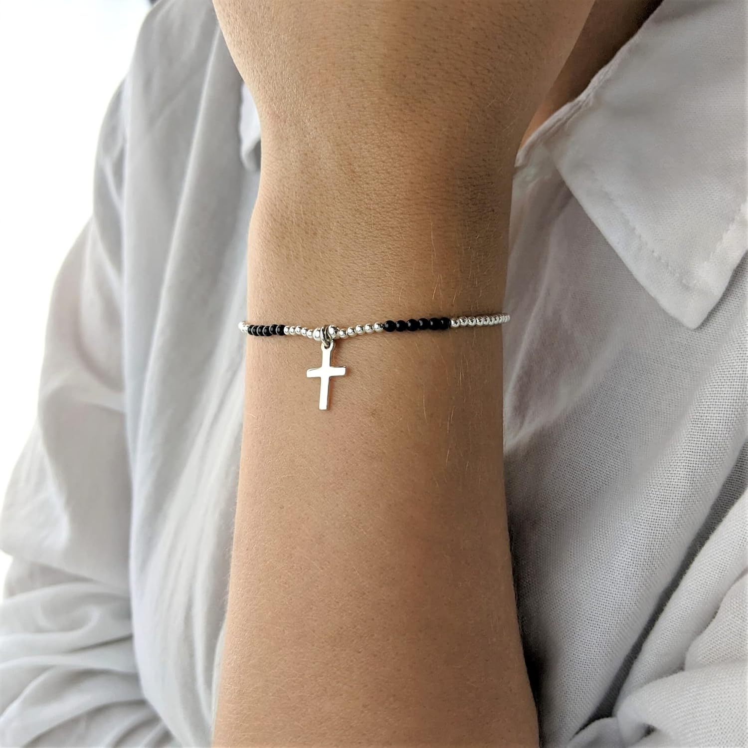 Silverly Sterling Silver Onyx Beaded Stretch Bracelet With Cross Charm - 925 Silver Ball Bead Bracelets for Women - Black Gemstone Elastic Stacking Bracelet - July Birthstone Gift for Best Friend - Image 2