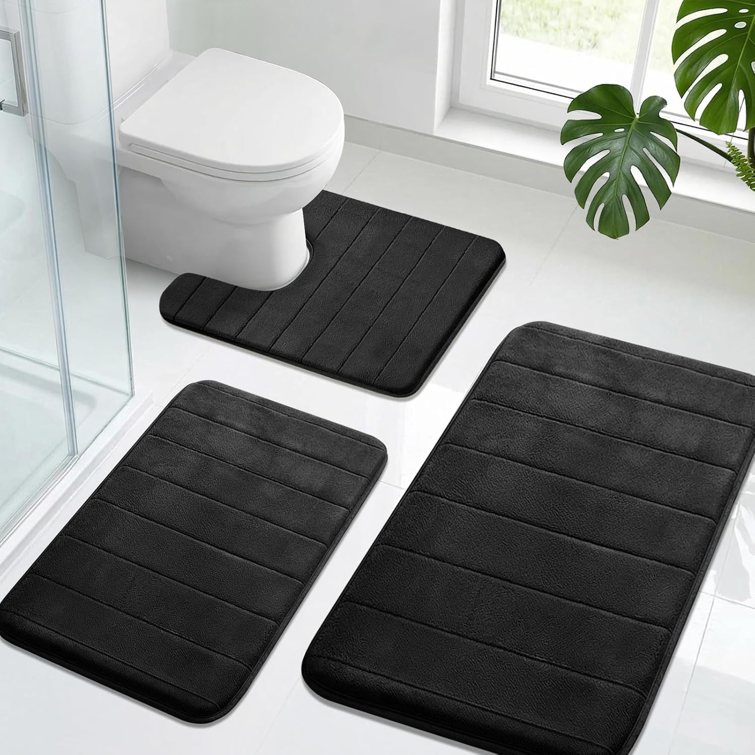 Neween 3 Piece Memory Foam Bath Mat Set - Thick Cushioned Soft Fabric Bathroom Rugs, Non-Slip Absorbent & Quick Dry Bath Mats for Bathroom Floor, Includes Large, Small and U-Shaped Toilet Rug (Black)