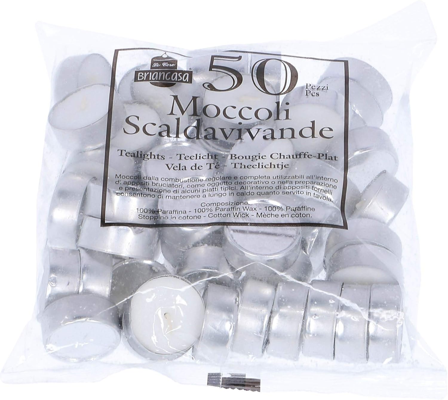 Moccoli Tealights 100% Refined Paraffin, White, Size: Diameter 3.5 cm, 50 Units