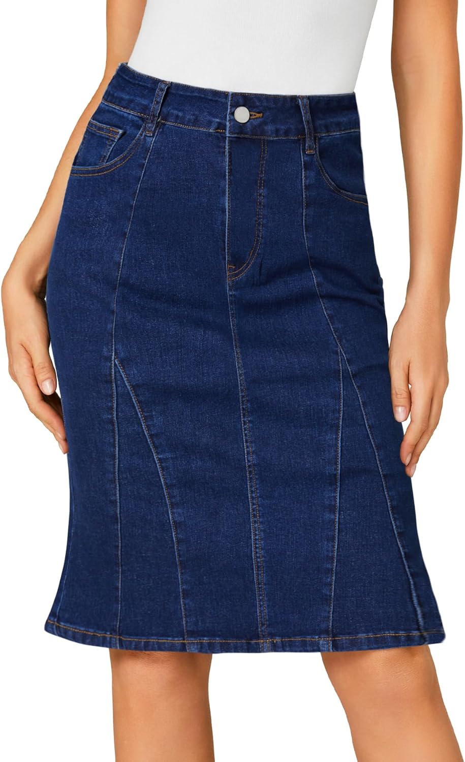 LYANER Women's Denim High Waisted Knee Length Pencil Mermaid Stretch Jean Skirt