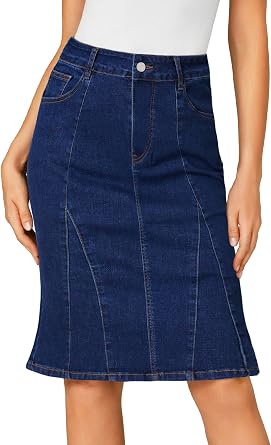 LYANER Womens Denim Skirt High Waisted Knee Length Summer Pencil Mermaid Stretch Jean Skirts