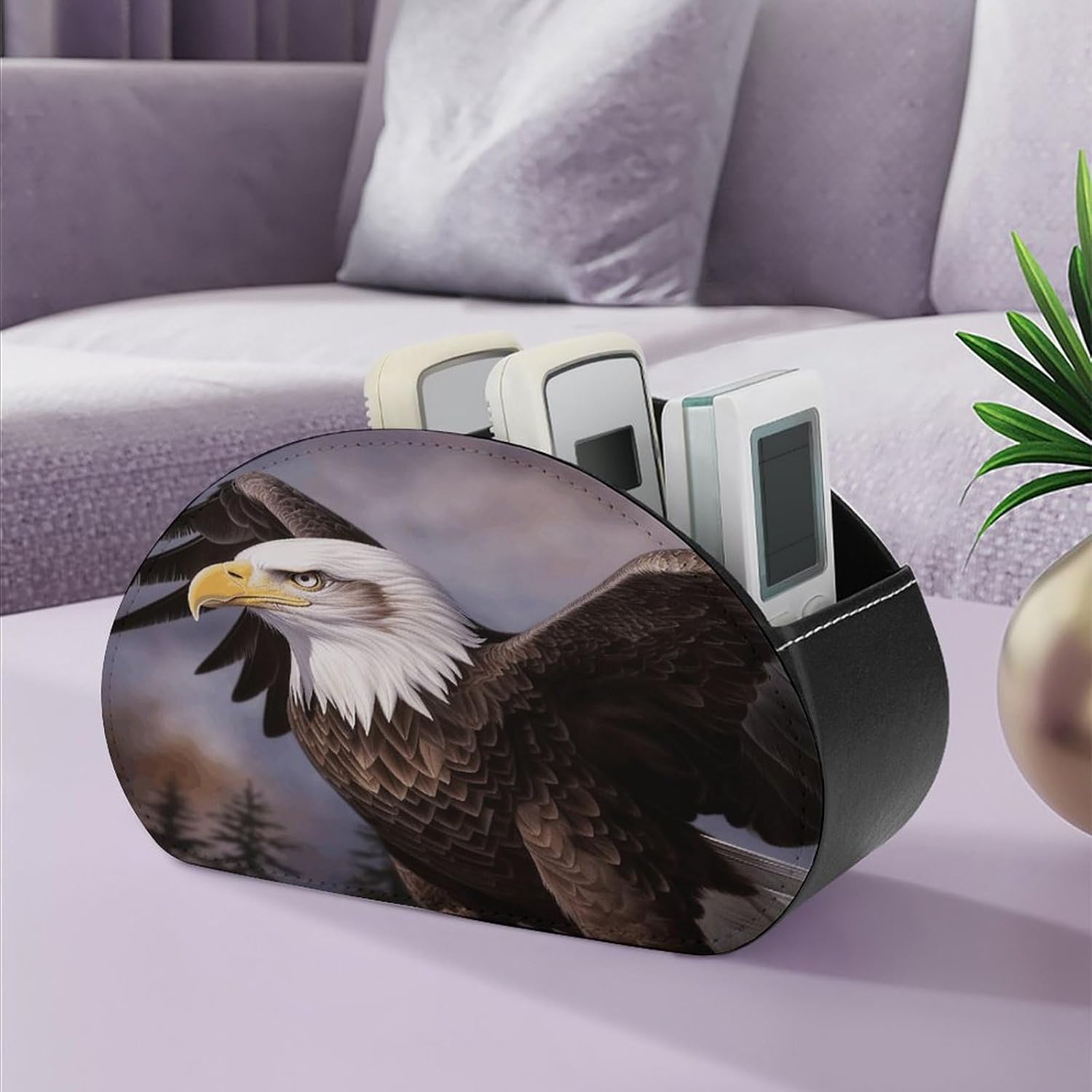 Bald Eagle Remote Control Holder Farmhouse TV Media Remote Storage Box with 5 Compartments PU Leather Remote Caddy Desktop Organizer for Home Bedside Table Organizer image 5