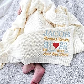 Luxury Personalized Baby Blanket with Birth Stats Embroidered, Custom Name, Date, Weight, Length, Soft Knit 100% Cotton Newborn Blanket for Boys and Girls, Unique