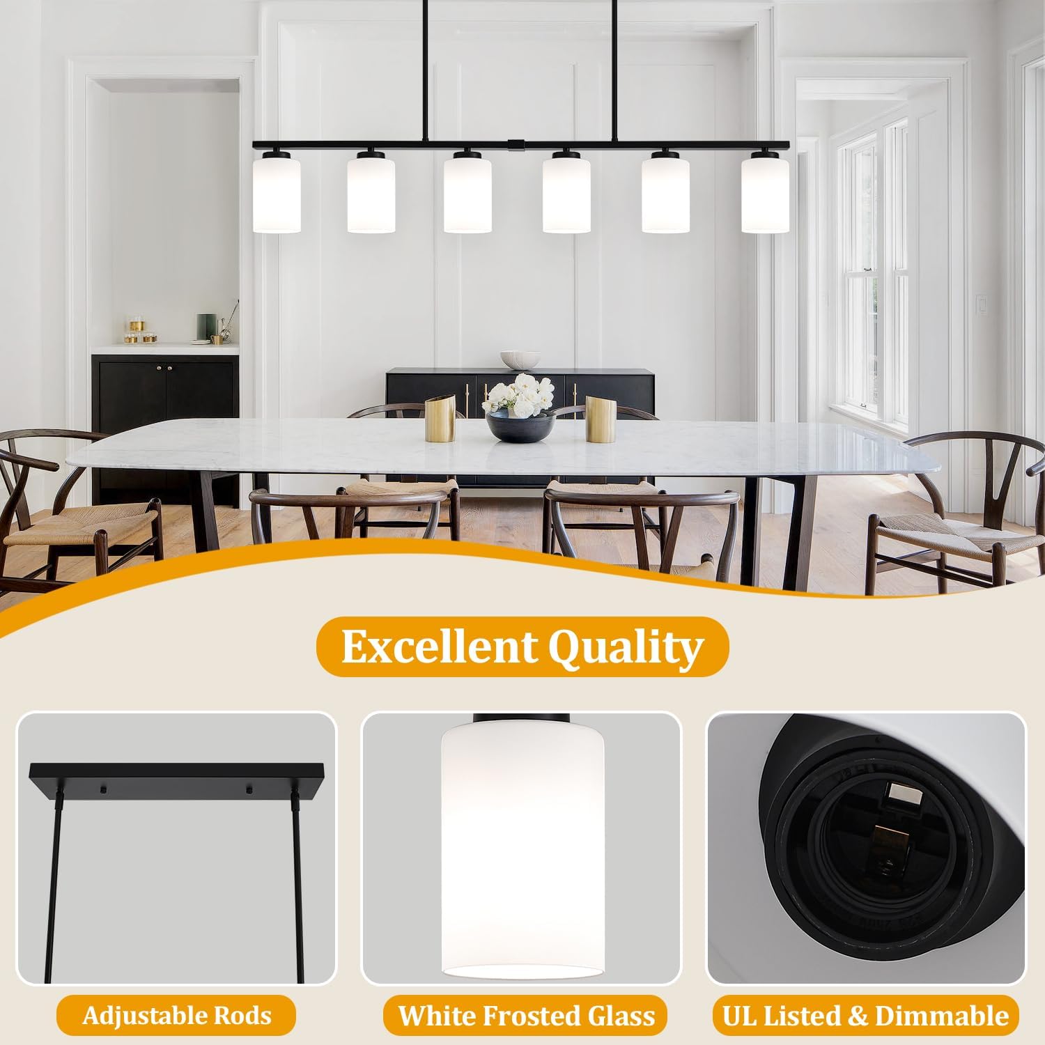 45.27'' Modern Farmhouse Kitchen Island Light, 6-Light Island Lights for Kitchen, Dining Room Light Fixture, Black Hanging Pendant Light with Milk Glass Shade, Linear Chandelier with Adjustable Rod