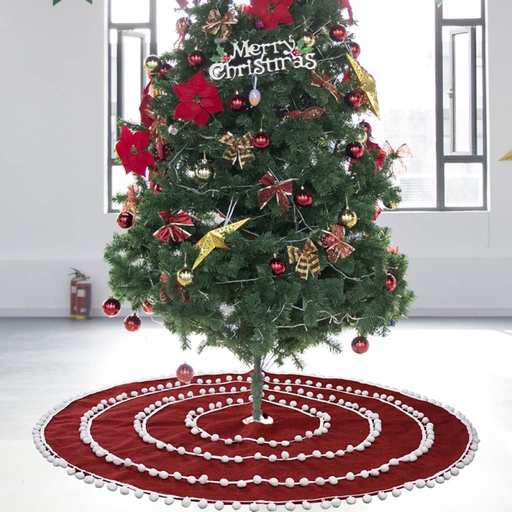 Weihnachtsbaum Rock Weihnachtsbaumrock 48 Zoll rote Leinen Weihnachtsbaum Röcke Baummatte mit Pom for Weihnachtsdekorationen Tannenbaum Decke Weihnachtsdeko