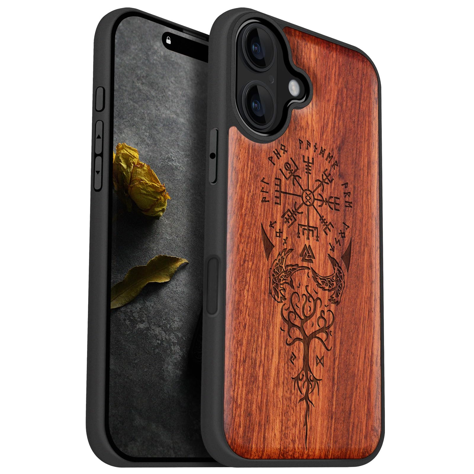 Carveit Magnetic Wooden Case for iPhone 16 Case, Wood Artisan Engraved & Black Soft TPU Shockproof Cover, Compatible with MagSafe Wireless Chargers (
