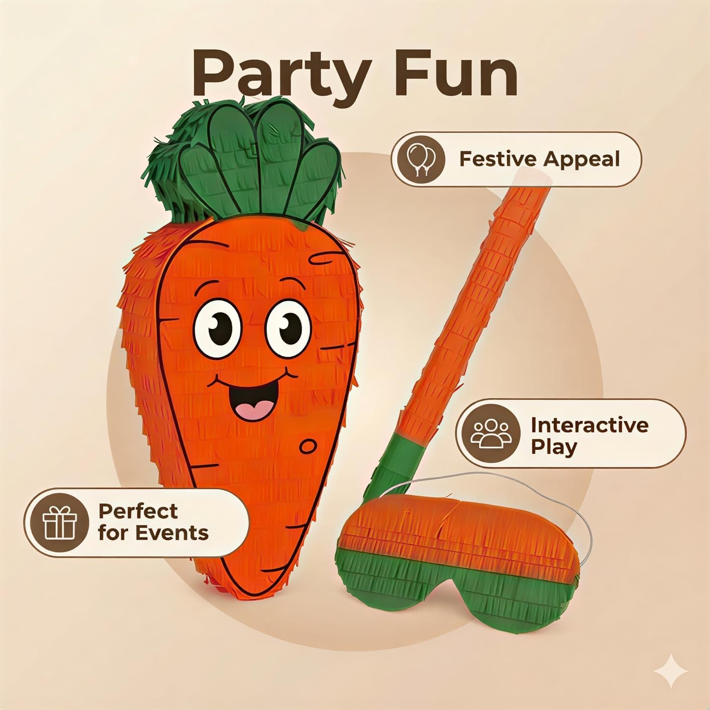 Forenee Carrot Piñata - 3Pcs Set with Blindfold and Stick - Cute Orange Vegetable Pinata for Easter Theme Party, Garden Birthday Decorations, Kids Party Supplies