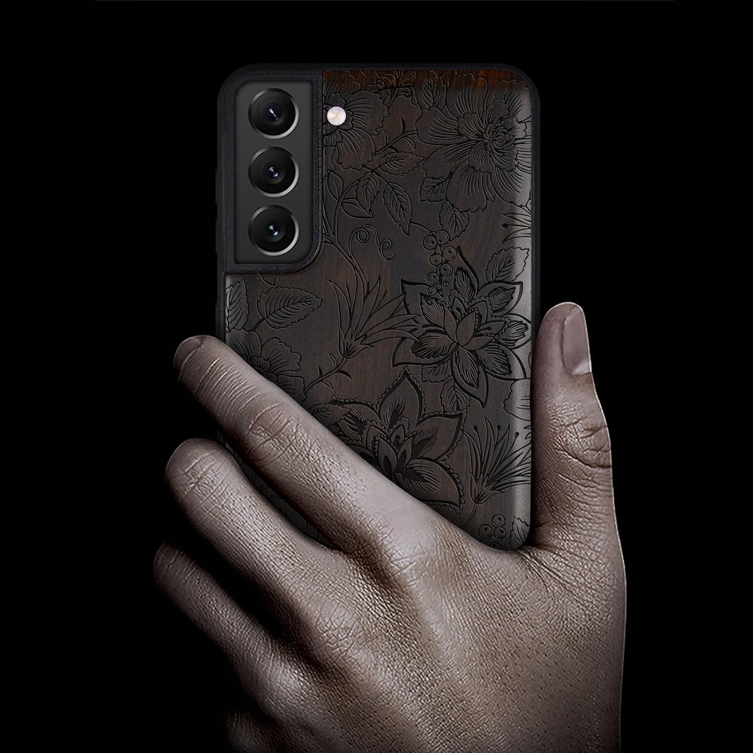 Carveit Wood Case for Galaxy S22 Case [Natural Wood & Black Soft TPU] Shockproof Protective Cover Unique Wooden Design Compatible with Samsung S22 (Flowers and Leaves-Blackwood)