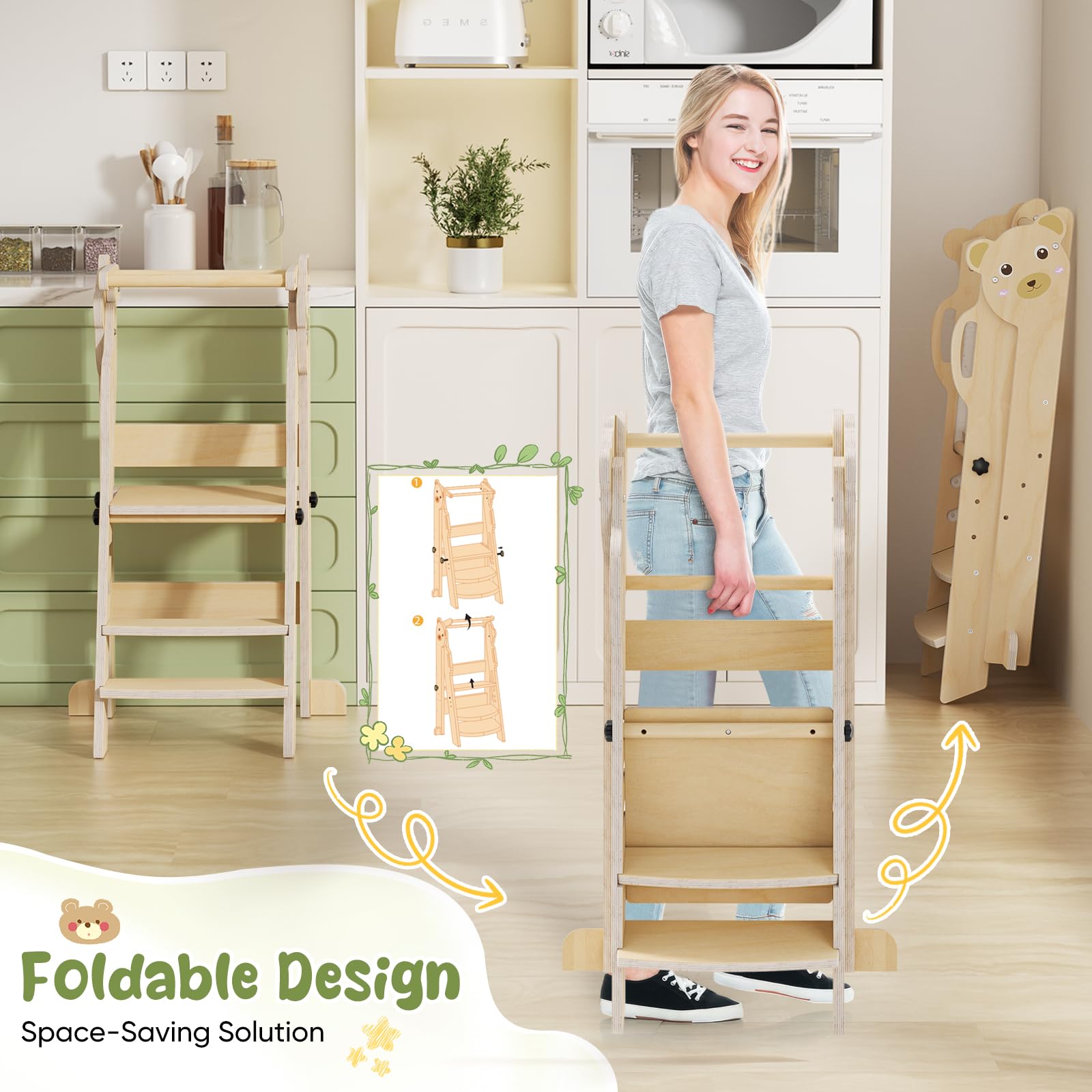 Tour d'observation Montessori Pliable, modèle actualisé Tour Montessori Pliable de 1 to 3 Years Old Observation Tower for Children Montessori Learning Natural Wood Kitchen Helper Safety