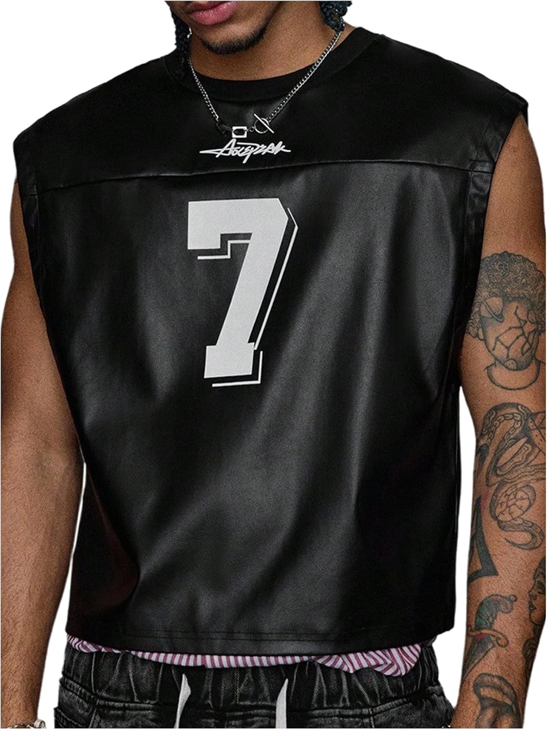 SOLY HUX Men's PU Leather Tank Tops Number Graphic Sleeveless Crew Neck Y2k Jersey Shirts Streetwear
