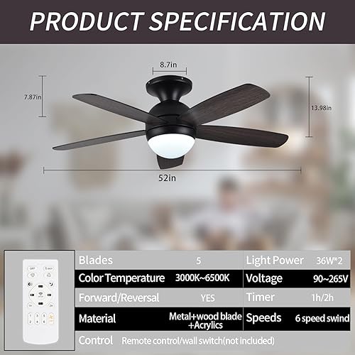 Miniatura 7 de Teracfan Ventiladores de techo de montaje empotrado con luces, ventilador de techo de níquel de 52 pulgadas con control remoto y ventilador de