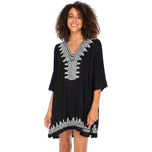 Back From Bali Womens Boho Embroidered Swimsuit Cover Up Loose Fit Casual Tunic Top Dress Resort Wear