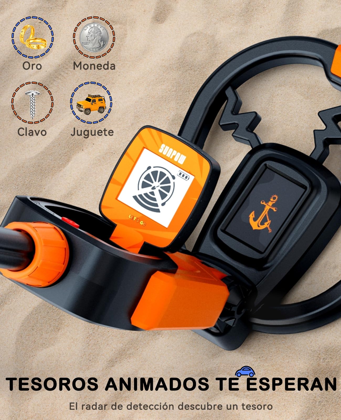 SUNPOW Detector de Metales para Niños,Vástago Ajustable (60-70 cm) | Kit Incluye Pala, Rastrillo y Bolsa - Regalo Ideal para Niños y Niñas de 6 a 12