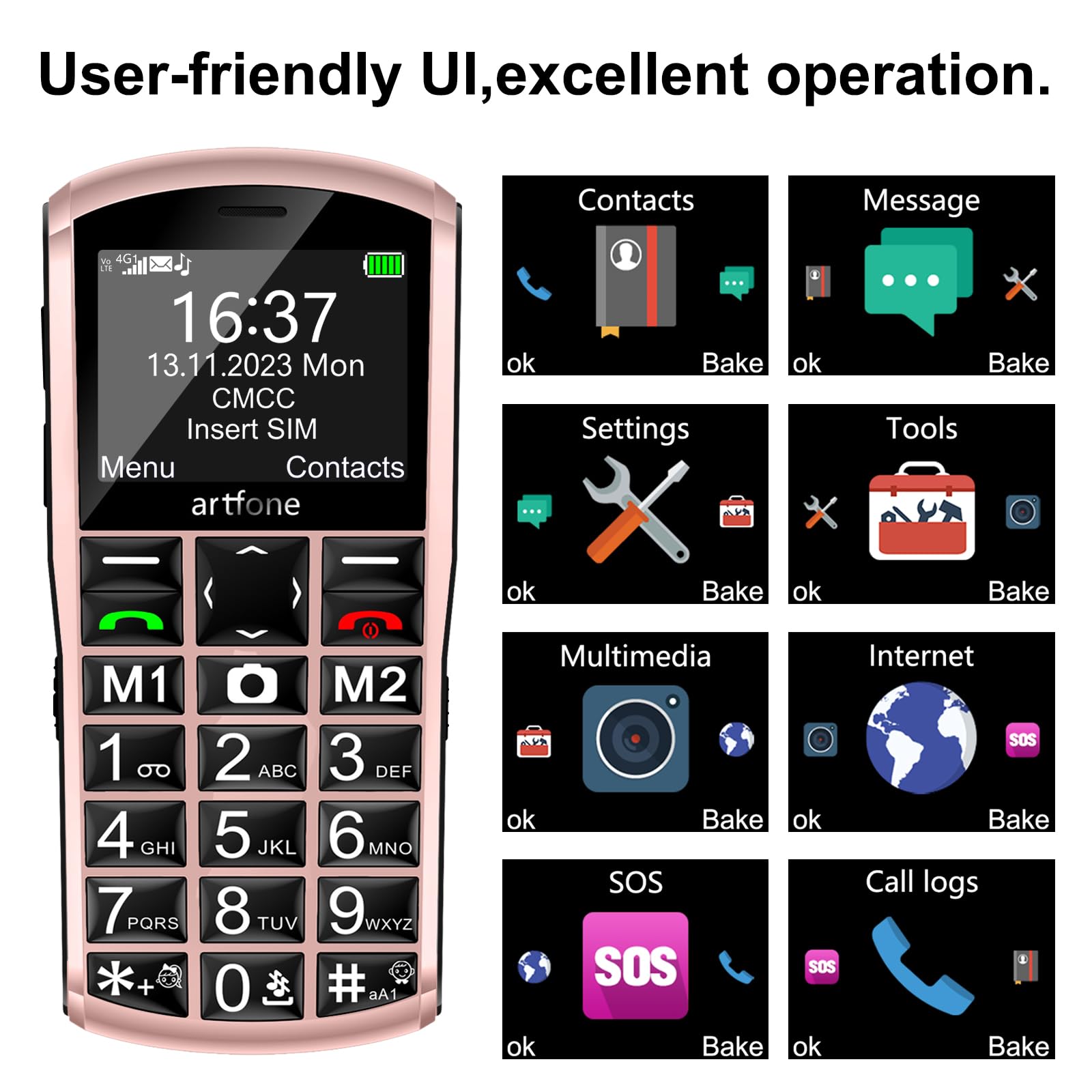 Artfone A400 4G Seniorentelefoon zonder Abonnement|Grote Toetsen Telefoon voor Senioren met 2MP Camera & SOS-Knop|2,4-Inch Display|1800mAh Accu| Oplaadstation|USB-C|Stereo Luidspreker – Zilver