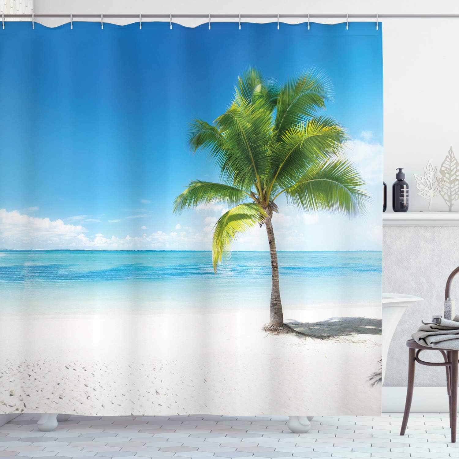 Ambesonne Landscape Shower Curtain, Caribbean Maldives Beach Island Sea Ocean Palm Trees Art Print, Cloth Fabric Bathroom Decor Set with Hooks, 69" W x 75" L, Sky Blue Green and White