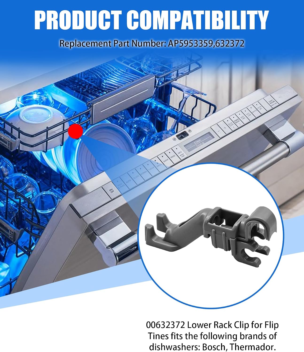 00632372 Dishwasher Lower Rack Fixing Clips Compatible With Bosch Thermador Rack,Replacement Parts AP5953359, 632372, Lower Rack Holder For Tines Alignment