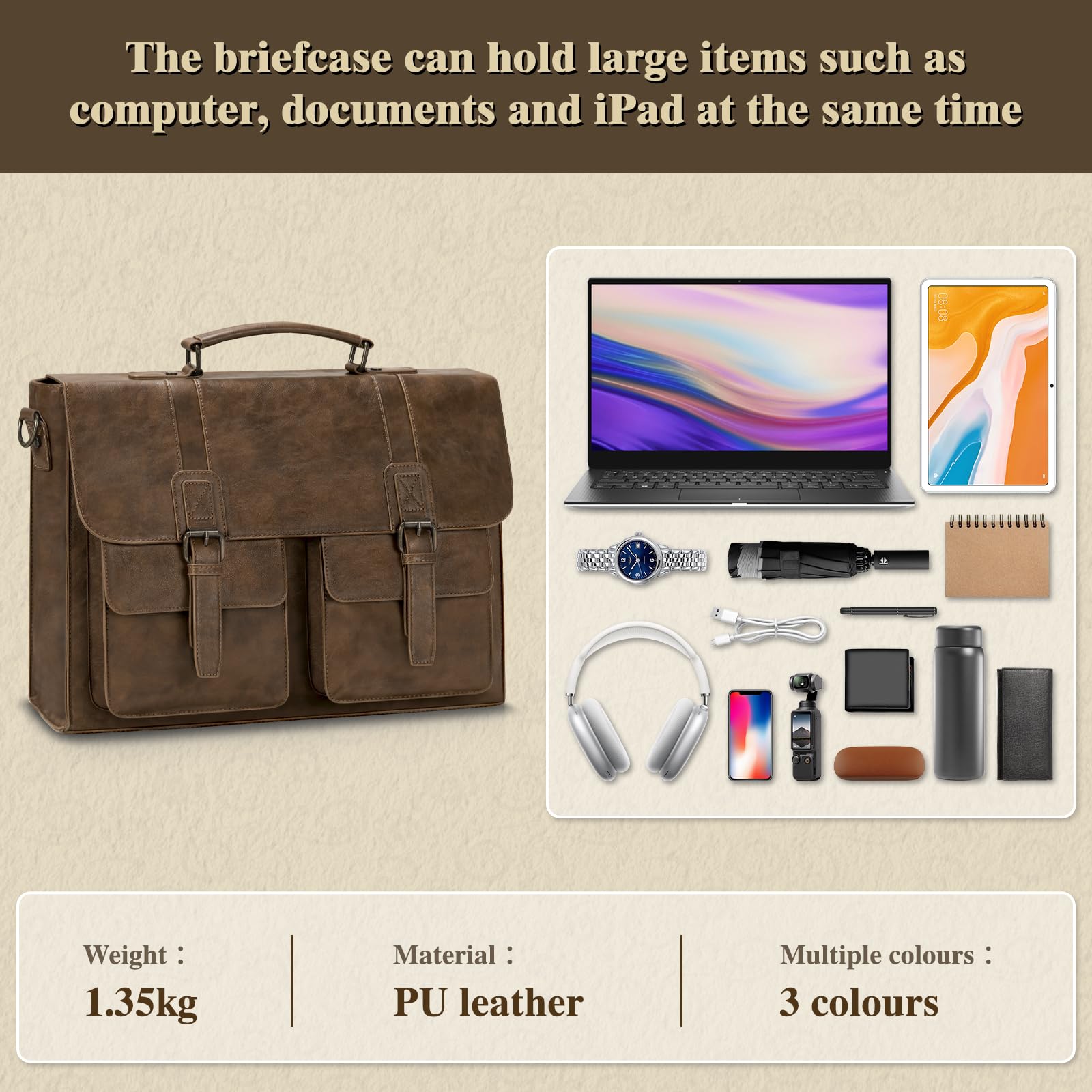 RAINSMORE Aktentasche Herren PU Leder Laptoptasche 15.6 Zoll Messenger Bag Umhängetasche Business Büro DunkelBraun