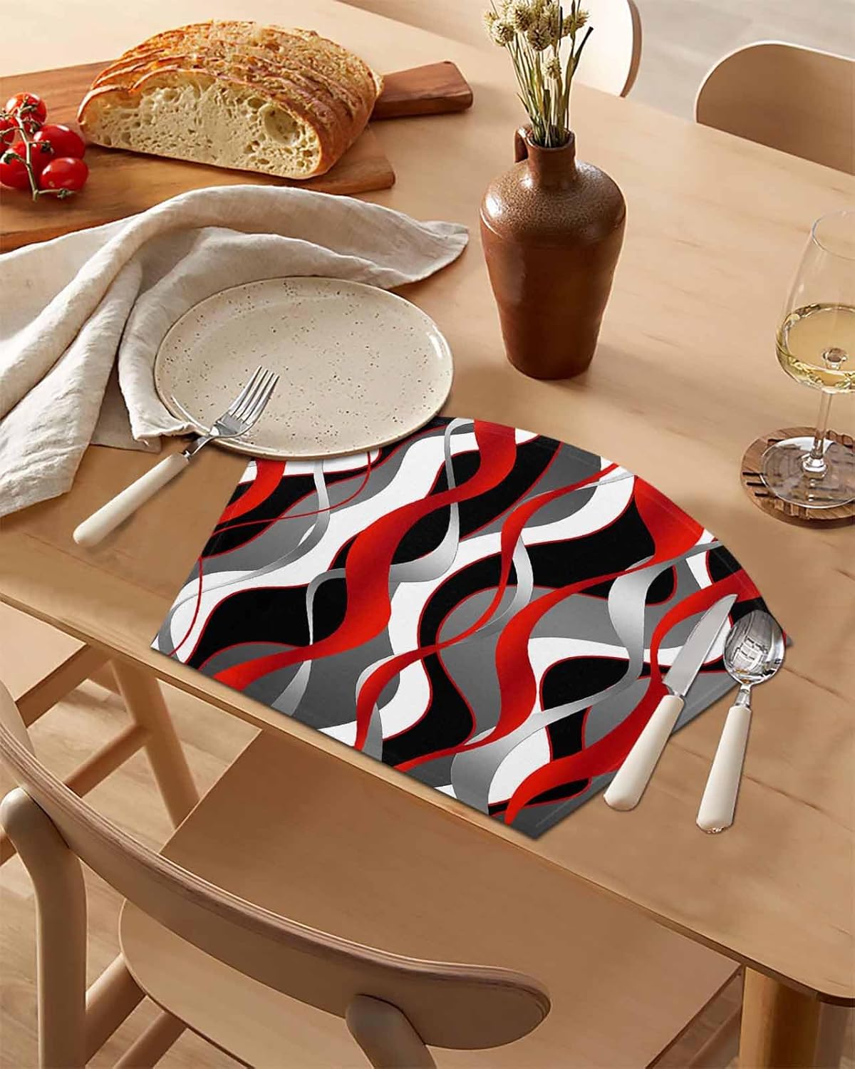 Red Black Grey Placemats Set of 6 for Dining Table, Woven Round Table Placemats, Modern White Moire Geometric Abstract Art Table Mats Washable Wedge Placemat Indoor/Outdoor Patio Kitchen Décor