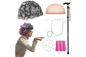 Playful Old Grandma Wig Costume Set for Adults, Includes Cane and Accessories