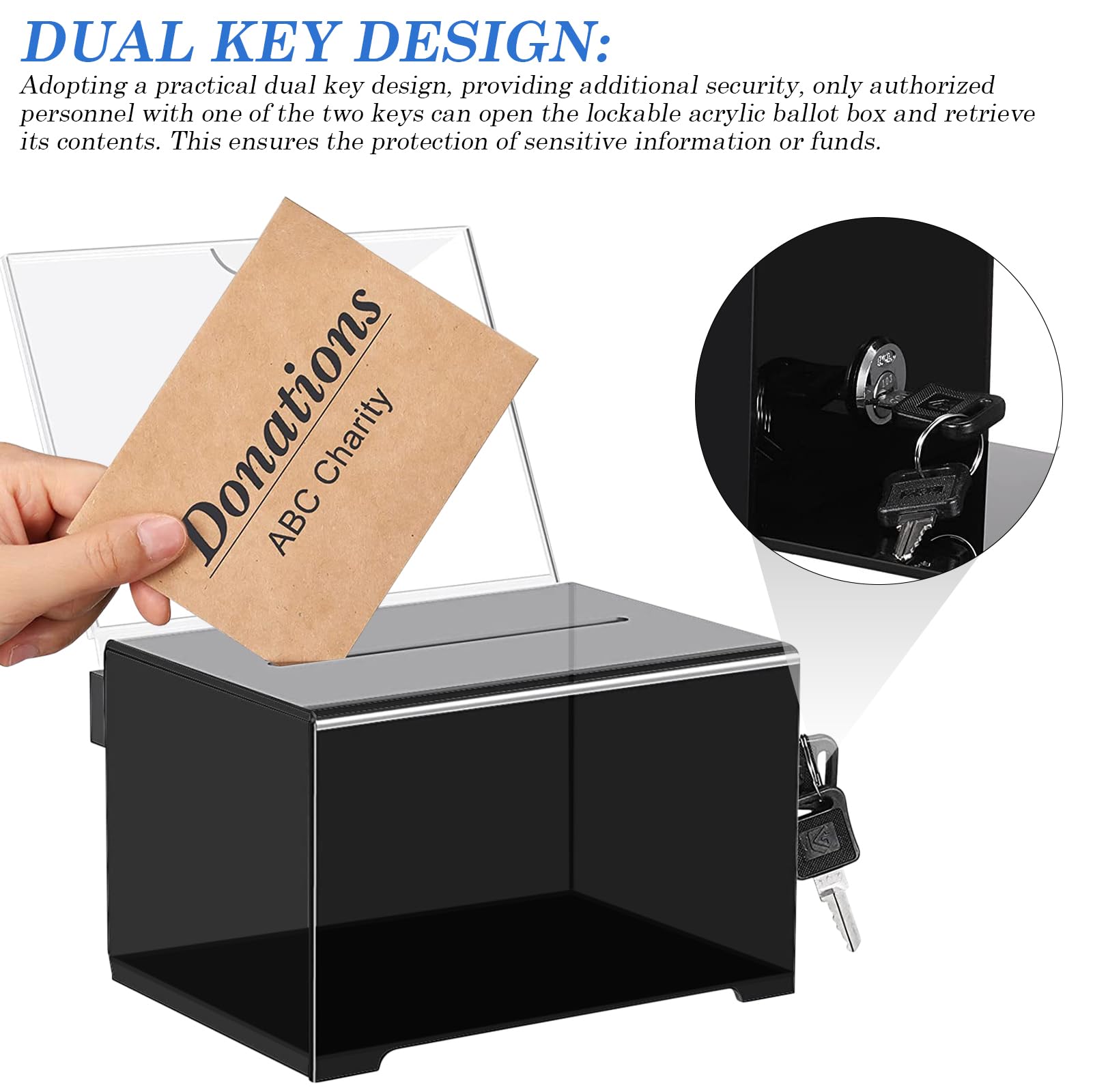 Caja de Donación de Acrílico: Urna de Acrílico con Cerradura, Caja de Donación con Llave, Urna con Soporte para Carteles, Caja de Donación para Comentarios, 155 x 109 x 96 mm, Negro