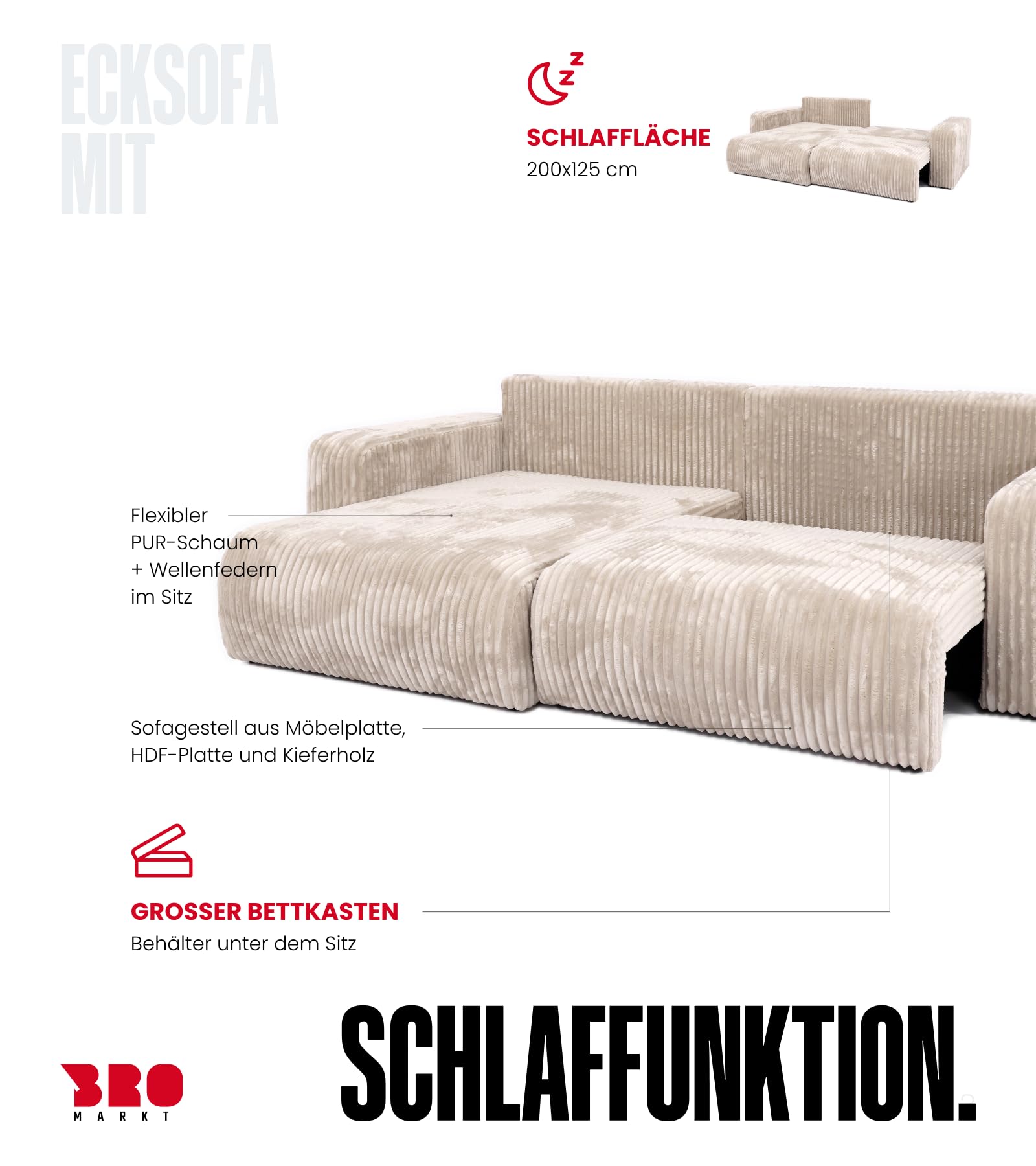 BROMARKT Ecksofa mit Schlaffunktion und Bettkasten 125x200cm L Crème | Schlafsofa mit Stauraum und Kissen Eckcouch Sofa für Wohnzimmer Wohnlandschaft 3 Sitzer Universell freistehend Couch TILIO