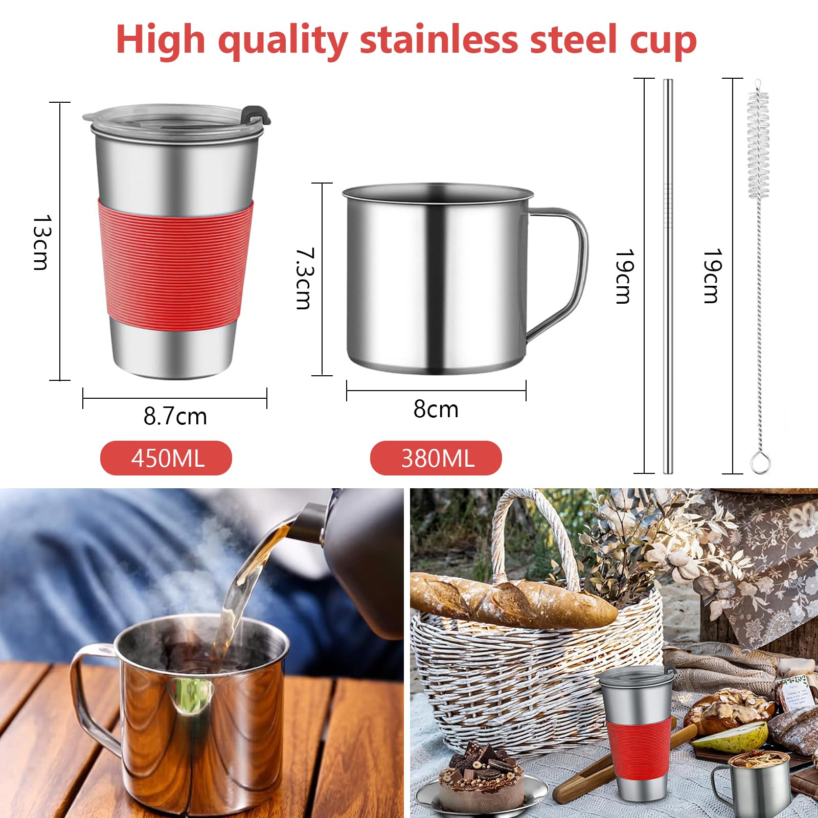 Gavetta Scout, Stoviglie Rosso 10 PCS, Campeggio in Acciaio Inox con Posate, Forchette, Ciotole e Bacinelle, Gavetta Scout 1-2 Persona, Posate da Campeggio per Picnic, Campeggio e Viaggi all'aperto