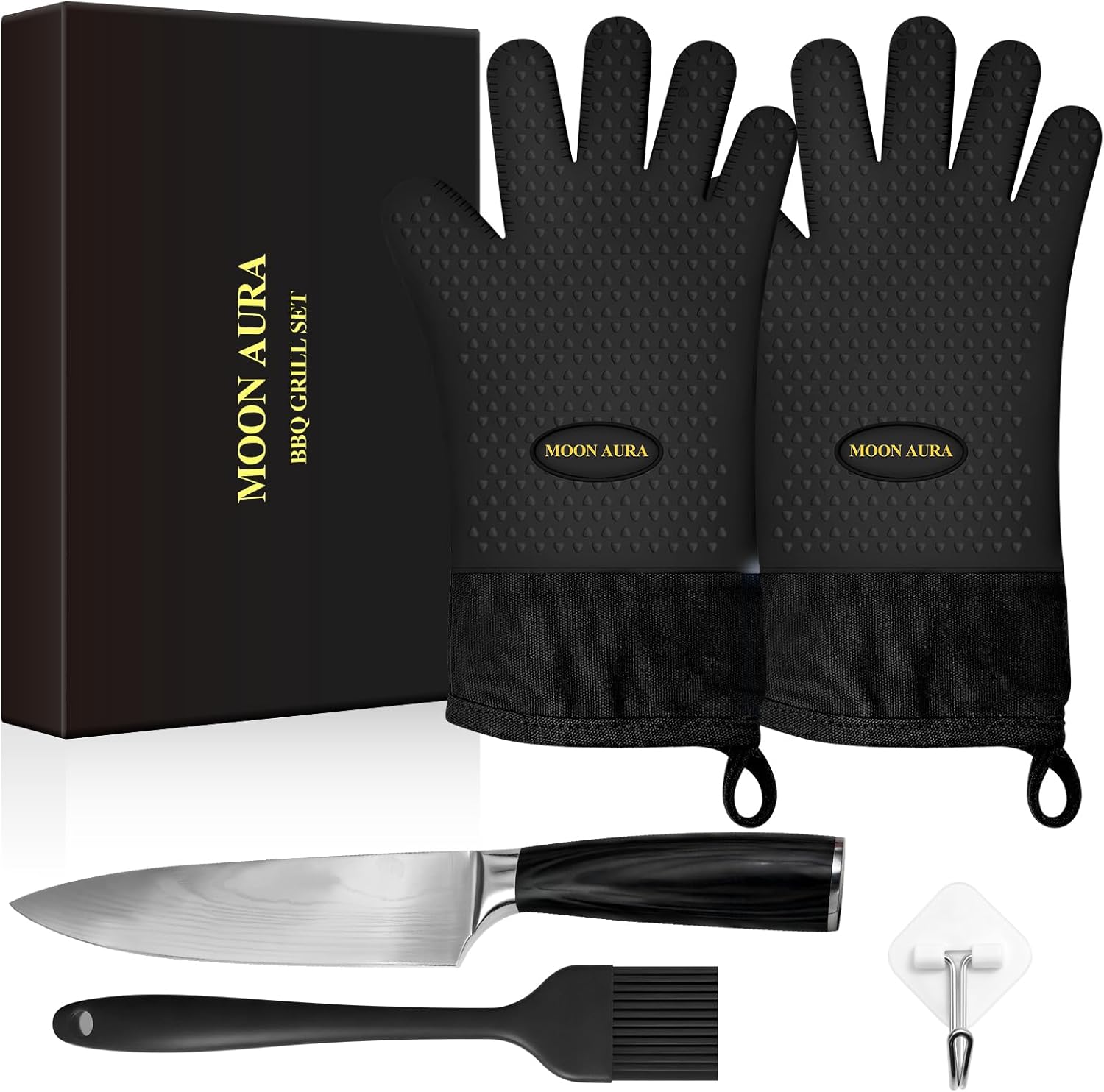Silicone Smoker Oven Gloves - BBQ Gloves with Sharp Knife, Basting Brush and Sticky Hook.