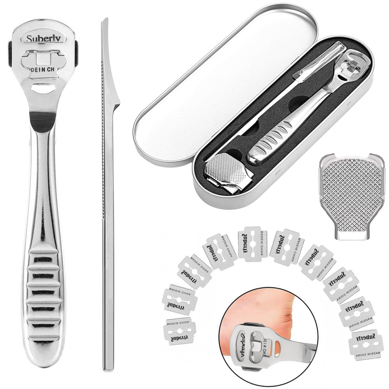 KASTWAVE Stainless Steel Foot Scraper Set, Pedicure Tool with 10 Replaceable Blades, Foot Callus Remover, 2 in 1 Foot Scraper for Dry Wet Foot Heel Callus, Dead, Cracked Skin, Sliver