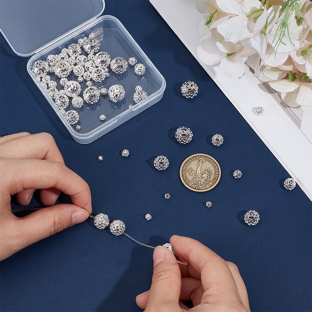 PH PandaHall 925 Sterling Silver Plated Hollow Beads 7 Sizes 70pcs Round Filigree Beads Brass Spacer Bead Metal Ball Bead for Jewelry Making Bracelets Necklaces Earrings DIY Crafts, 3/4/5/6/8/10/12mm - Image 3