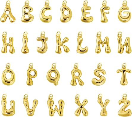 26Pcs 18K Gold Filled A-Z Alphabet Letters Charms for Jewelry Making, Chunky Gold Initial Letter Charm Pendant Beads, Trendy Bubble Slide Glitter Pendants for Women Bracelet Necklace Choker Making