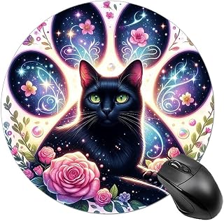 Black Cat Mouse Pad with Non-Slip Rubber Base for Office Home | 7.8 X 7.8 Inch, Round Gaming Mouse Mat for Computer, Laptop, Small Portable Travel Mousepad, Cute Desk Accessories
