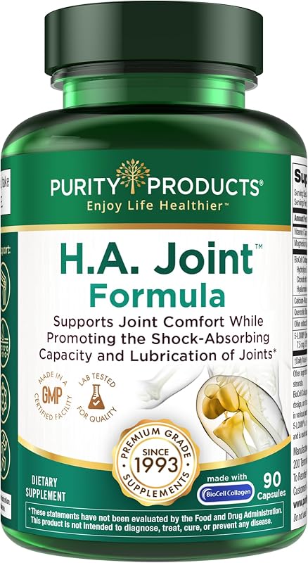 Purity Products HA Joint Formula Hyaluronic Acid + Key CoFactors - Joints + Skin Multi Collagen (Type I, II & III) - 5-Loxin - Olive Fruit Extract - Joint Flexibility + Mobility - 90 Caps