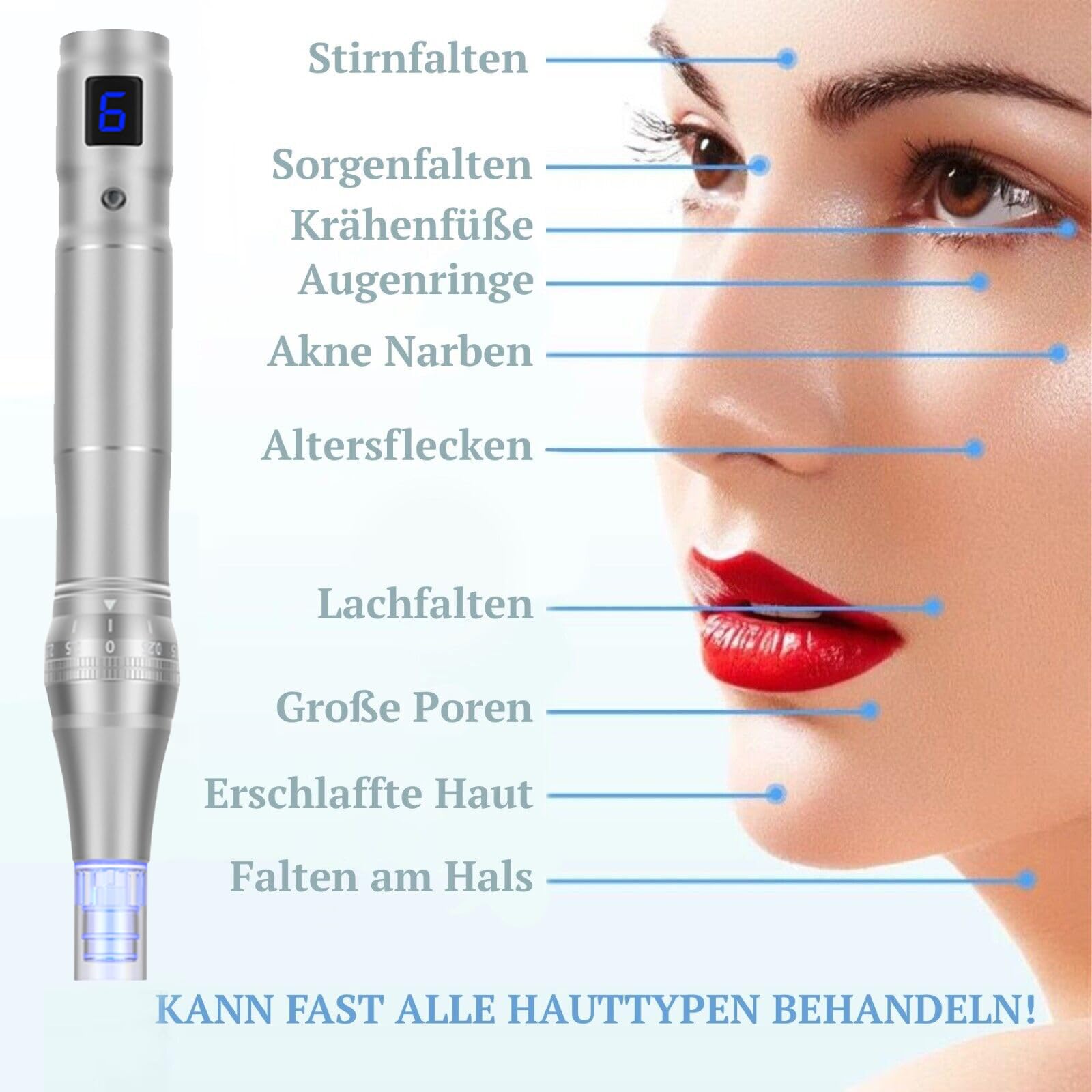Dermapen Elektrische Microneedling Pen Micronadeln Pen 0-2,5mm mit LED Licht, Microneedle Haut Reparatur & Hyaluron Serum mit Vitamin C, E Hochkonzentriert, (Inkl. 24 Nadeln Patronen)