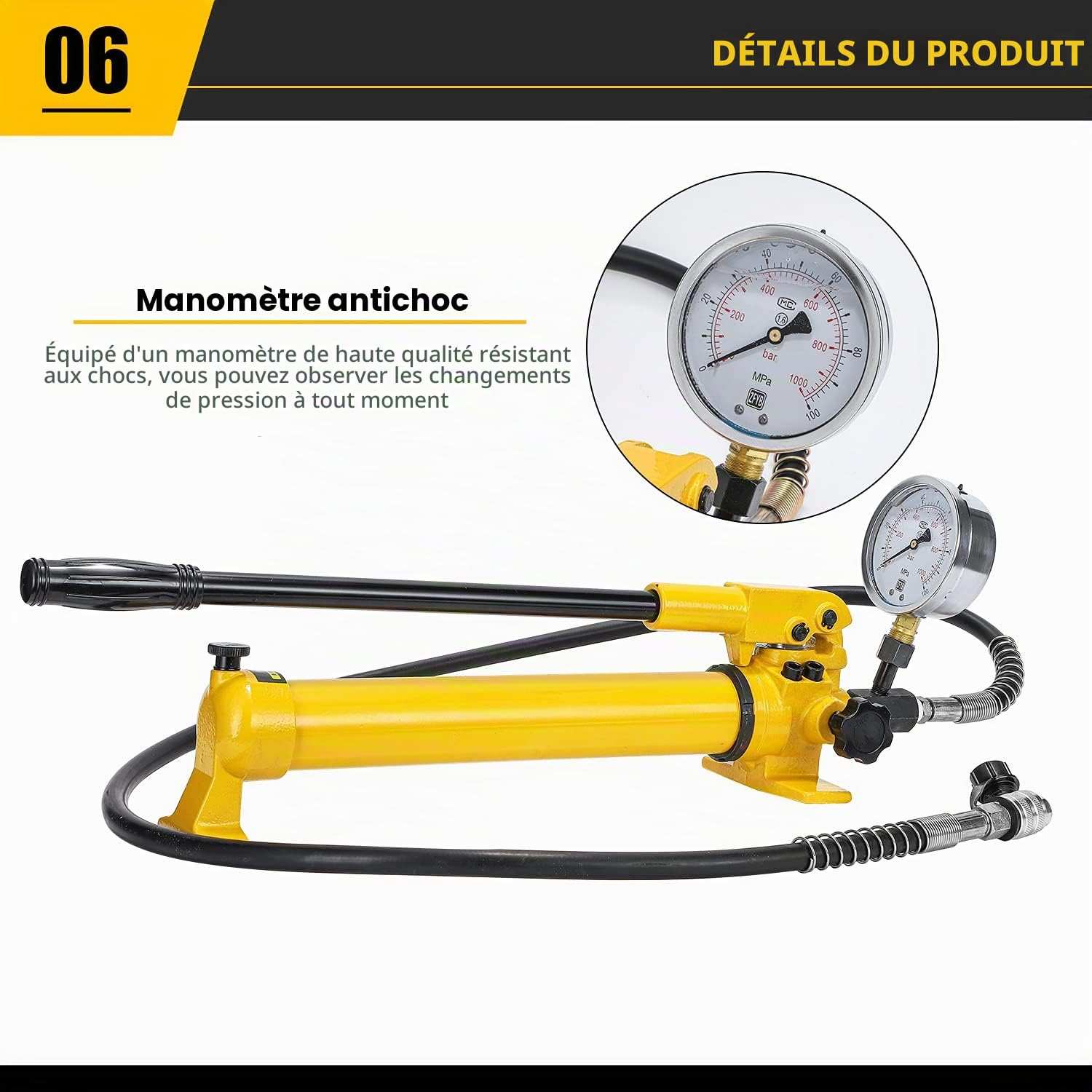 CGOLDENWALL CP-700 Pompe Hydraulique Manuelle, avec Tuyau de 1,8m, Haute Pression 700kg/cm², Contenu en Huile 900cc, pour Utilisation avec Variété d'Outils Hydrauliques