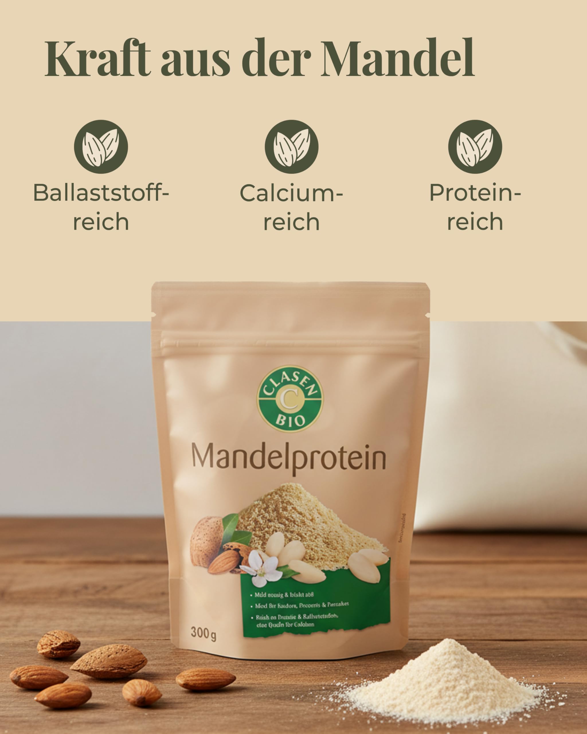 CLASEN BIO Mandelprotein 3x300g Bundle – Mandelmehl teilentölt mild nussig & leicht süß – Low Carb Almond Flour ideal für Kuchen, Desserts & Pancakes – Reich an Protein, Ballaststoffen, Calcium