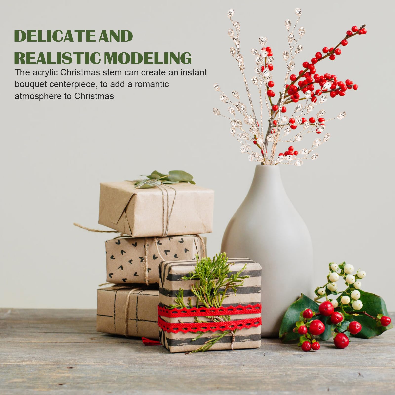 DEARMAMY 2pcs Artificial Bouquets with Bead Drop Crystal Flower Acrylic Stem DIY Wreath Crafts Christmas Berry Stem Fake Picks Branches Vase Fillers for Wedding Birthday Party Decoration