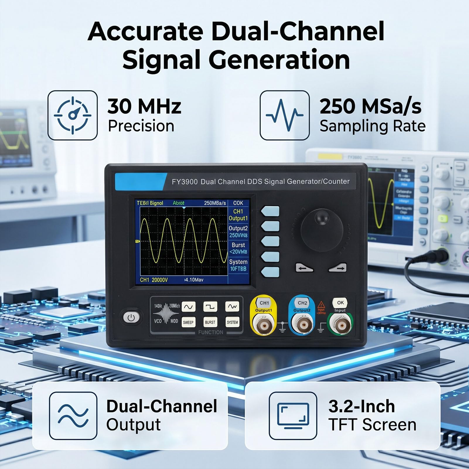 Eujgoov Generador de Señal de Doble Canal FY3900 Generador de Forma de Onda Arbitraria de Fuente de Alta Frecuencia de 30 MHz Equipo de Prueba de Laboratorio Profesional de Voltaje Amplio (Enchufe