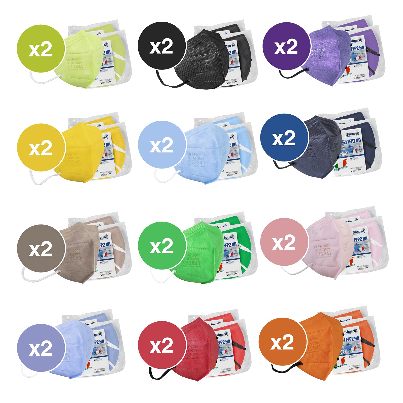 SICURA MASCHERINE CHIRURGICHE 24 masques FFP2 certifiés CE Made in Italy BFE ≥99% Mix 12 Couleurs Bleu, Orange, Rouge, Noir, Bleu, Vert, Vert pomme, Jaune, Tourterelle, Violet, Rose, Lavande