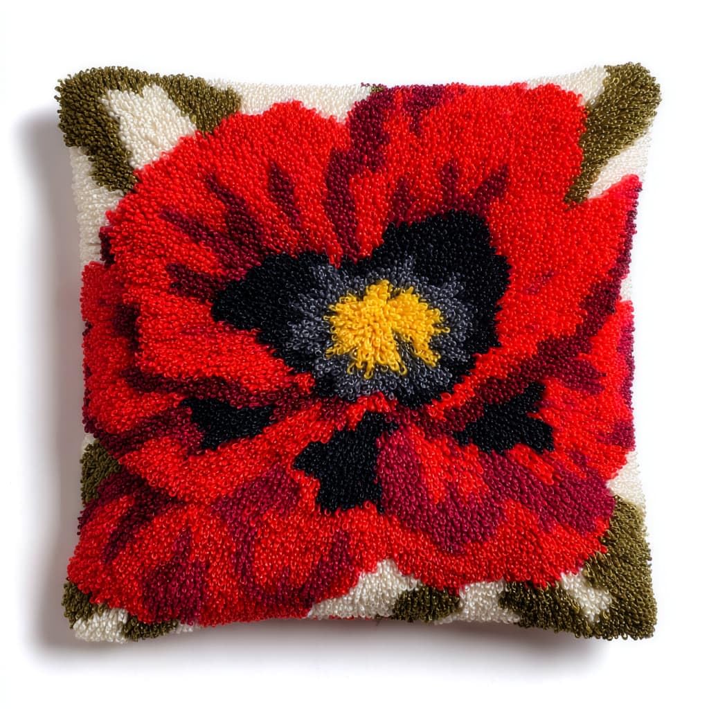 Taxpy DIY Latch Hook Kits, Red Flowers Needlework Pillow Cover 43x43cm DIY Hooks Knitted Embroidered Carpet Pillow Embroidery Latch Hook Carpet Kit
