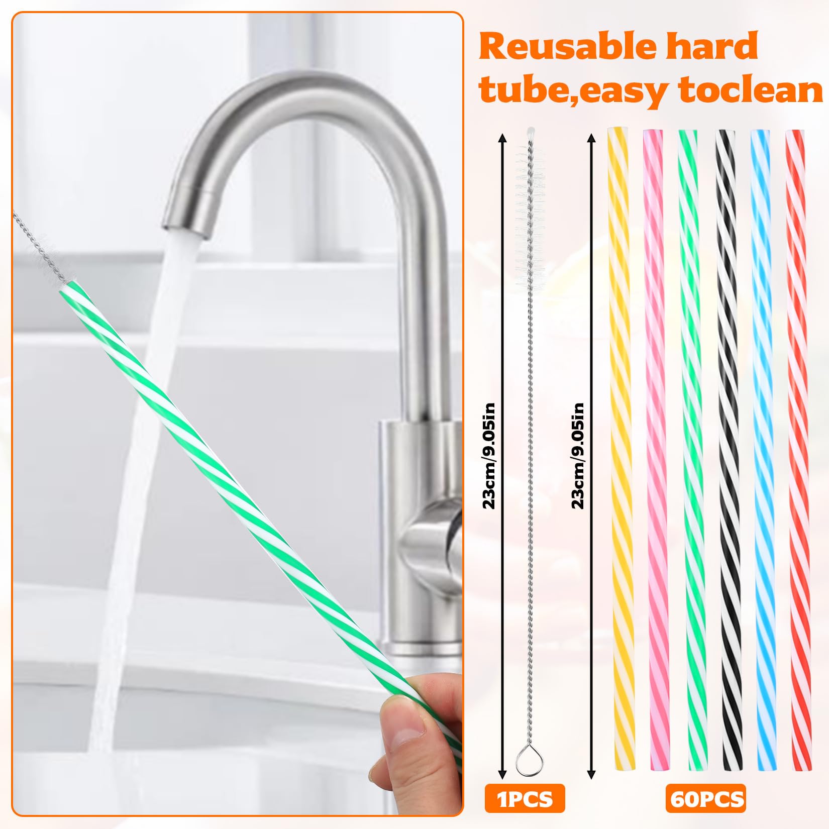 60 Pajitas Reutilizables para Cócteles - Pajitas de Plástico 23 cm - Coloridas para Smoothies, Zumos, Bebidas Frías/Calientes - Incluye 3 Cepillos Limpiador - Ideal para Hogar, Bares y Fiestas