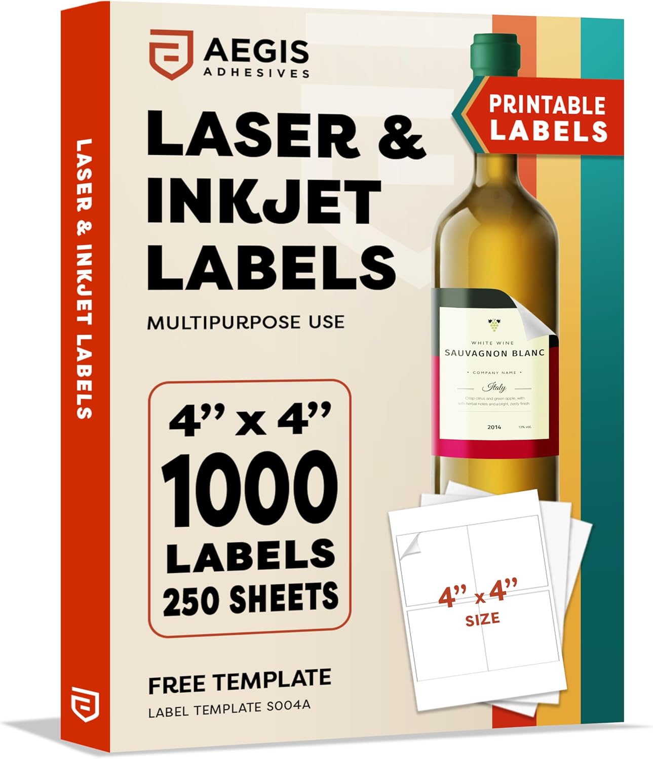 4" X 4" Square Printable Labels for Inkjet and Laser Printers - 250 Sheets, 1000 Matte White Custom Stickers for Business Logos, QR Code Stickers, Product Labeling - Aegis Adhesives Template S004A