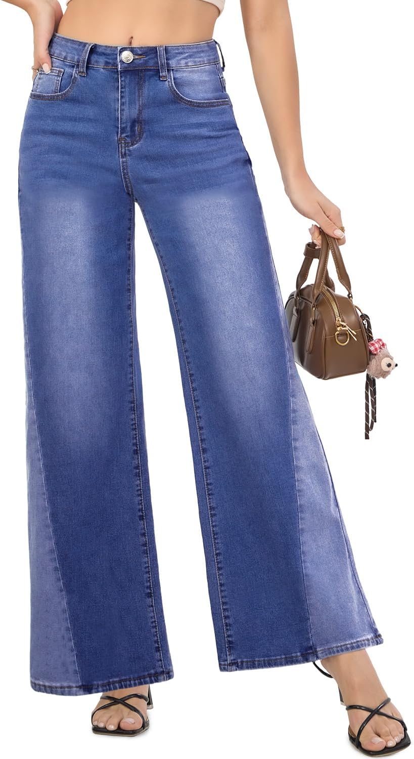 VIPONES Women's Wide Leg Jeans High Waisted Strechy Straight Baggy Jeans for Women Trendy Outfits Denim Pants with Patchwork - Image 2