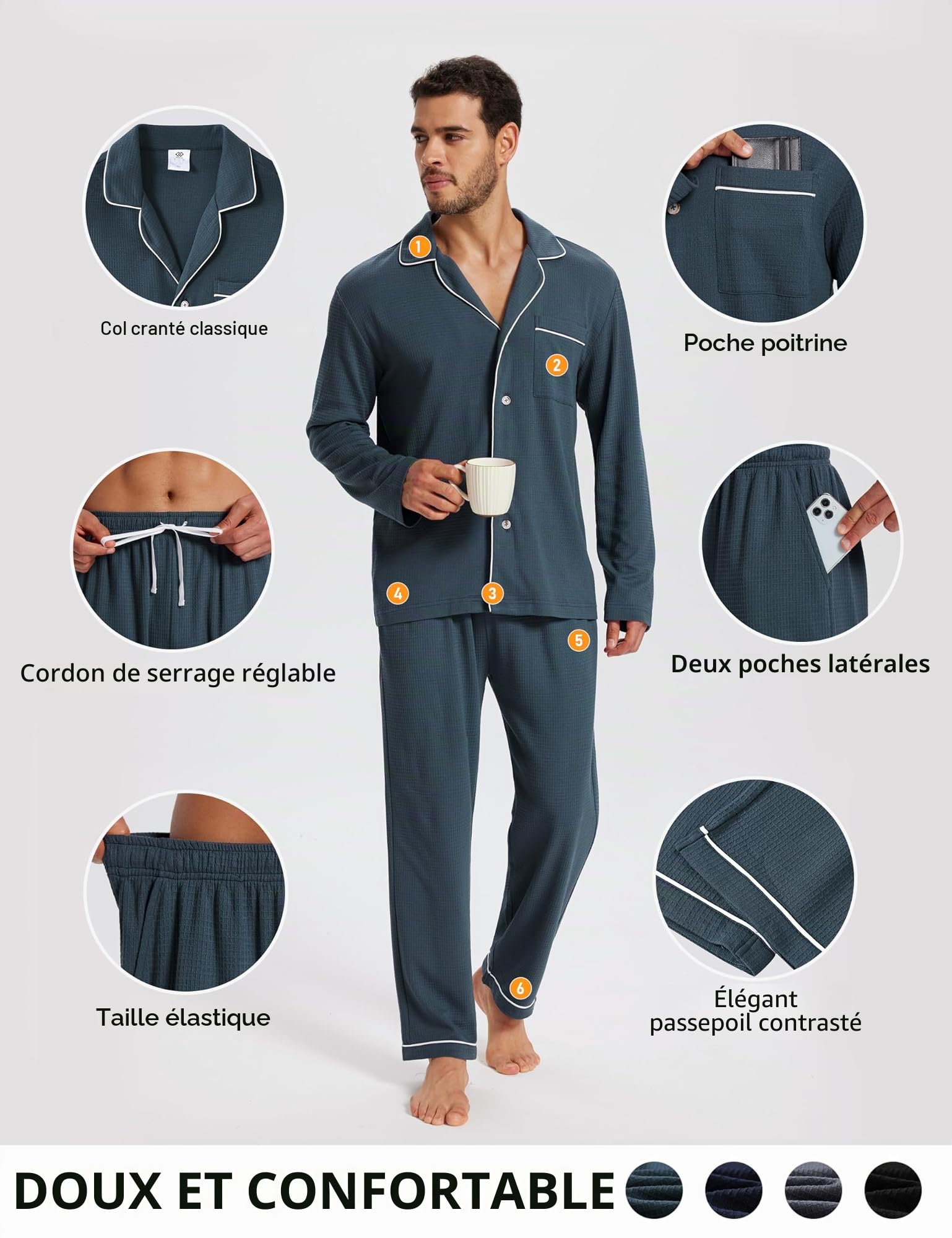 MoFiz Pyjama Homme Long Coton Modal Ensembles de Pyjamas avec Boutons à Manches Longues Doux Vêtements de Nuit Col à Revers Hauts et Pantalon de Pyjama M-4XL