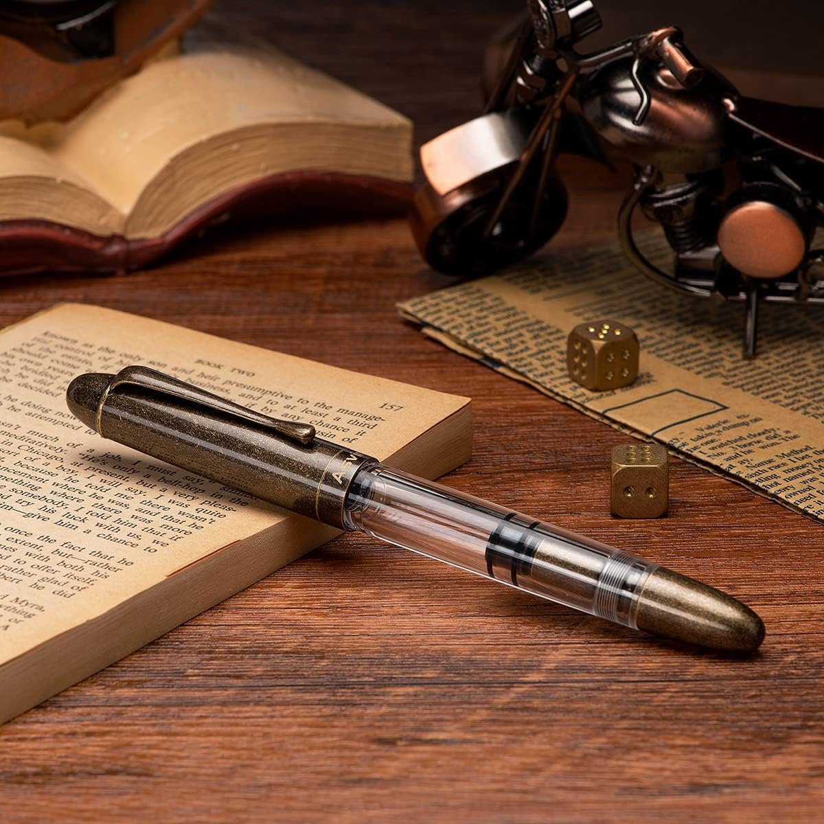 Asvine P30 Piston Fountain Pen Extra Fine, Retro Brass Style, Transparent Acrylic Large Ink Capacity Writing Gift Box