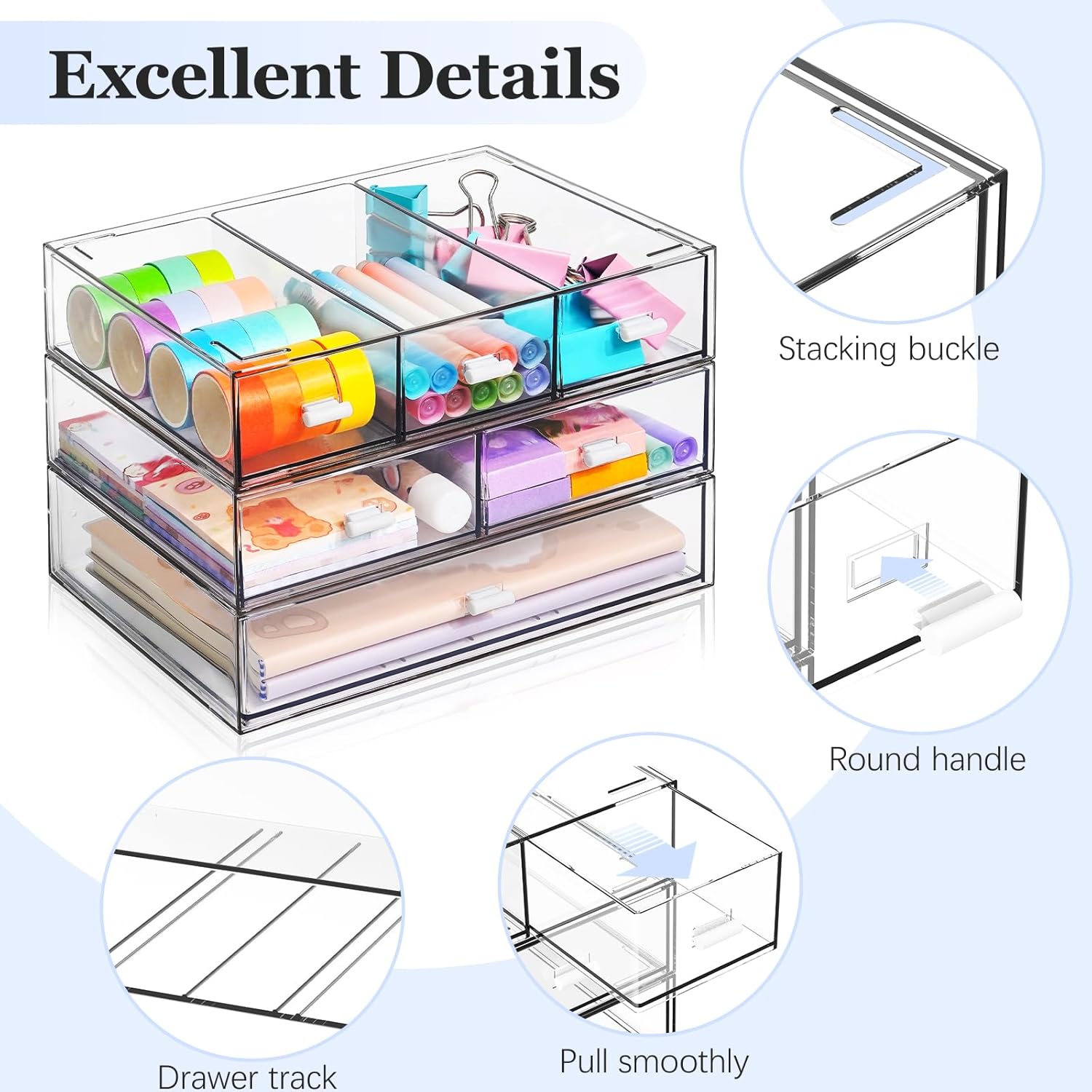 3 Tier Stackable Desk Organizer with 6 Drawers, YOCOMEY Plastic Desktop Storage Box Drawers, Detachable Makeup Storage Office Stationery Supplies Organizer for Office School (All Clear)