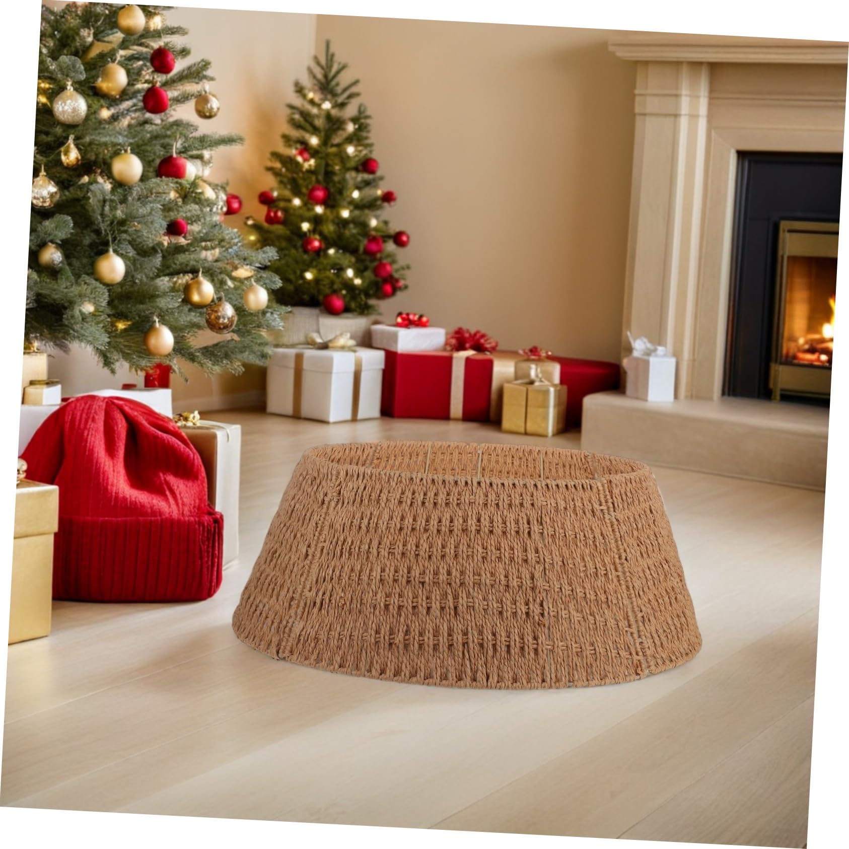 Collar para Árbol de Navidad de Cuerda de Papel Falda Desmontable Rústico para Base de Árbol Cesta Decorativa para Hogar con Temática Farmhouse Fiestas