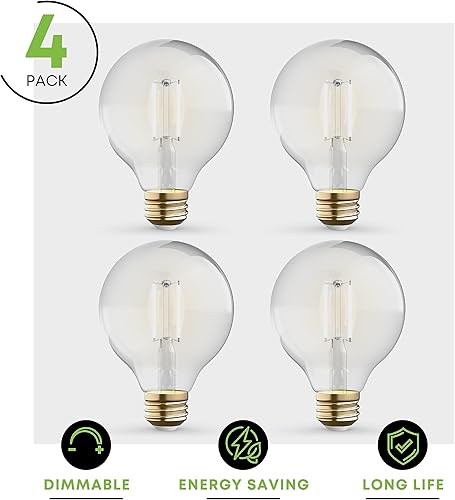 Miniatura 2 de KOR Paquete de 4 bombillas LED G25 transparentes de 4.5 W (equivalente a 40 W), 2700 K, blanco cálido, filamento regulable G25, globo LED vintage,