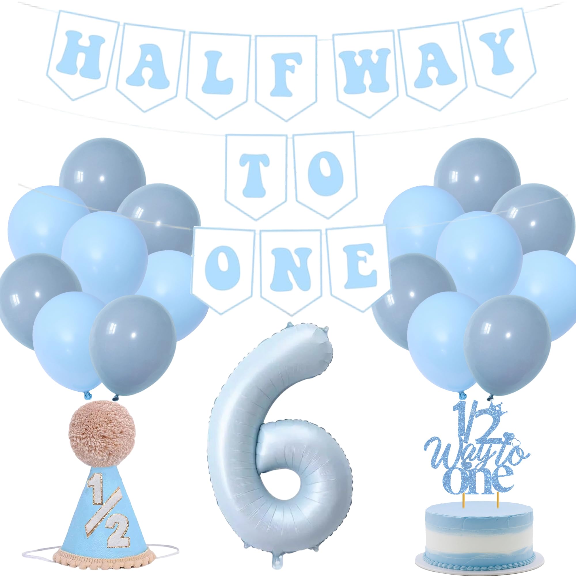 Half Birthday Decorations Banner Kit - 20 Pcs Blue 1/2 Year Birthday Hat Banner Balloons Cake Toppers For Baby Boy 6 Months Party Photo Props Table Sign Deocr Supplies