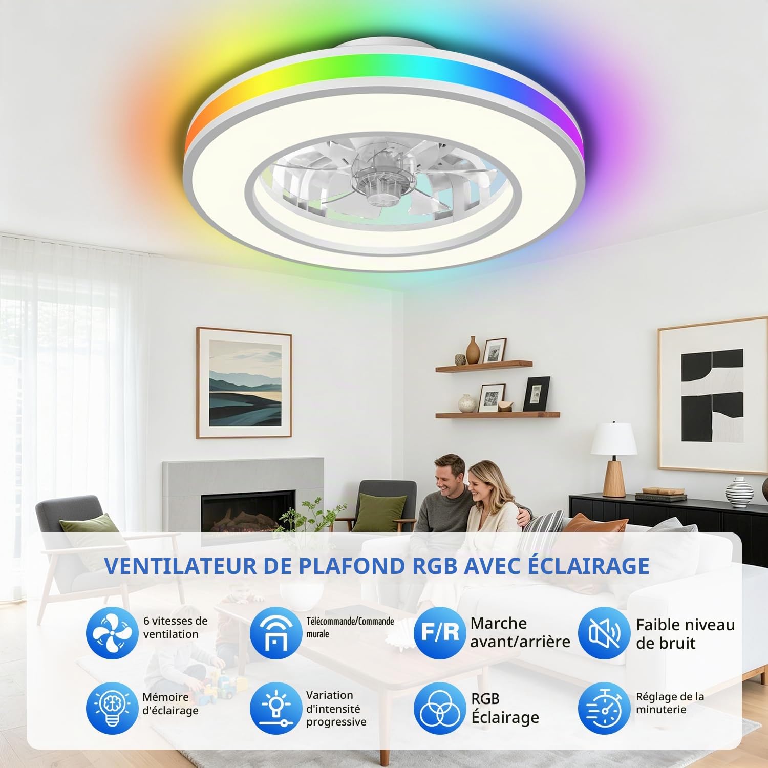 Bowfar Ventilateur Plafond avec Lumiere Ø42cm, 3000K-6500K+RGB Plafonnier Ventilateur Silencieux Chambre, 6 Vitesses de Ventilation Réglables avec Télécommande, Minuterie, Ventilateur Réversible